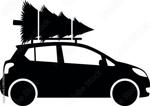 Family car carrying christmas tree on roof for winter holiday