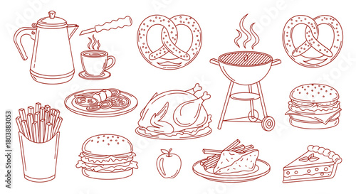 Assortment of food items including pretzels burgers and a barbecue grill.