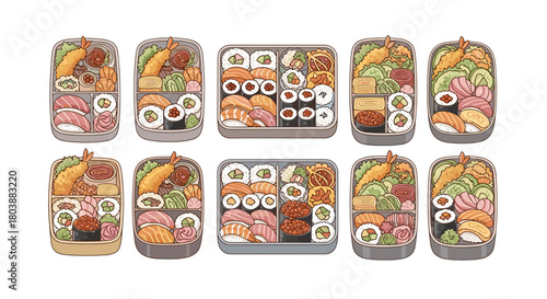 Assortment of Japanese sushi and maki roll sets in takeaway containers.