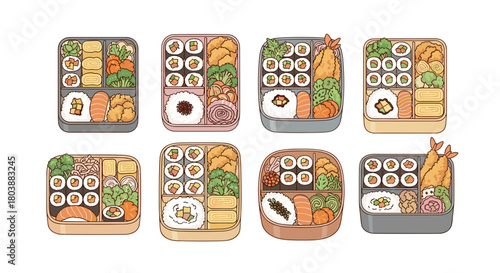 Collection of Japanese Bento Boxes with Sushi and Other Delicacies.