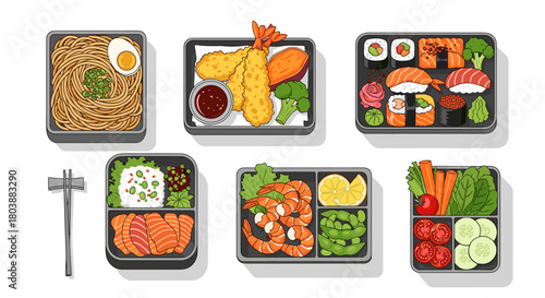Collection of Japanese Cuisine in Takeout Bento Boxes Top View.