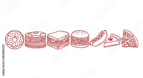 Delicious Assortment of HandDrawn Fast Food and Dessert Items.