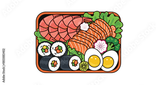 Delicious Bento Box Meal with Sushi Salmon and Shrimp.