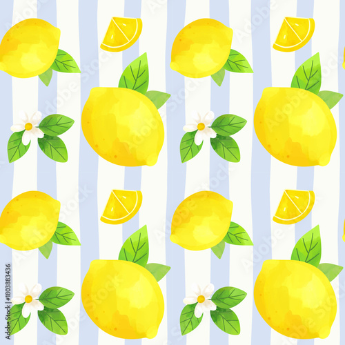 Watercolor lemons seamless pattern. Yellow fruits and green leaves on a striped background