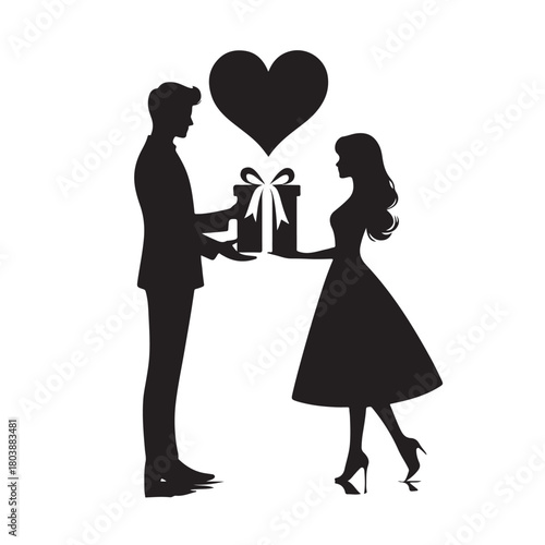 Couple exchanging a gift silhouette