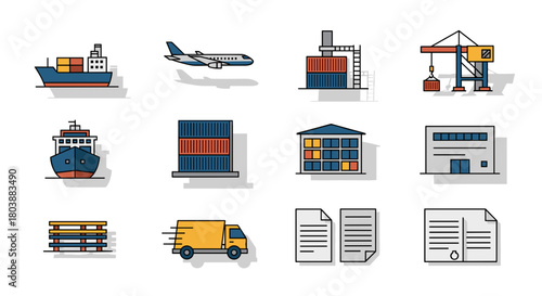 Icons depicting various modes of transportation and logistics operations.