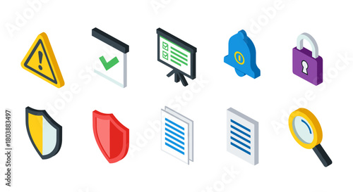 Isometric Icons Representing Security and Business Concepts.