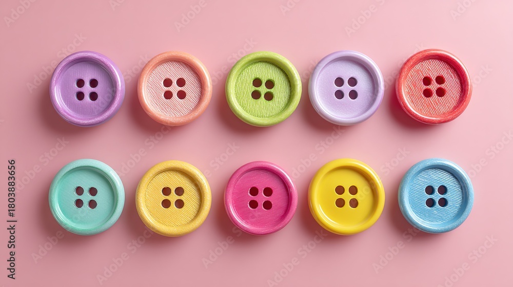 Fototapeta premium Colorful Buttons Arranged in Pattern on Pink Background