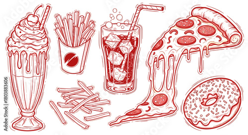 Hand drawn collection of classic fast food items.