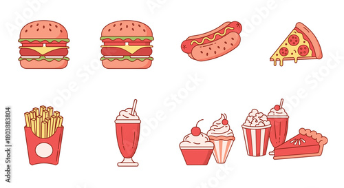 Set of classic American fast food and dessert illustrations.