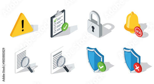 Set of Isometric Icons Representing Security and Verification Processes.