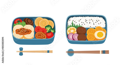 Two vibrant bento boxes filled with delicious and diverse Japanese cuisine.