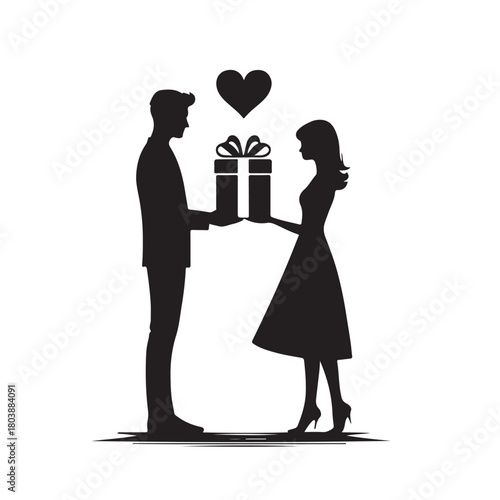 Couple exchanging a gift silhouette