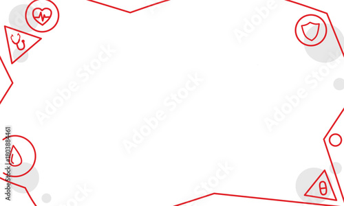A clean minimalist med neat border with stethoscope, heartbeat, shield and pill icons in simple line art on white background, leaving empty space for text or design elements in healthcare UI projects.