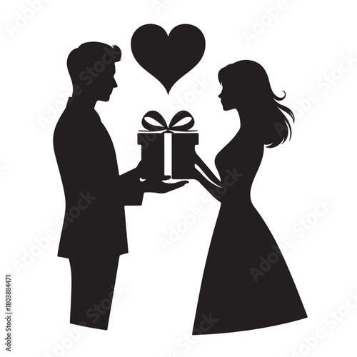 Couple exchanging a gift silhouette