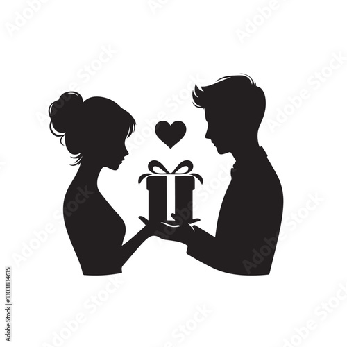 Couple exchanging a gift silhouette