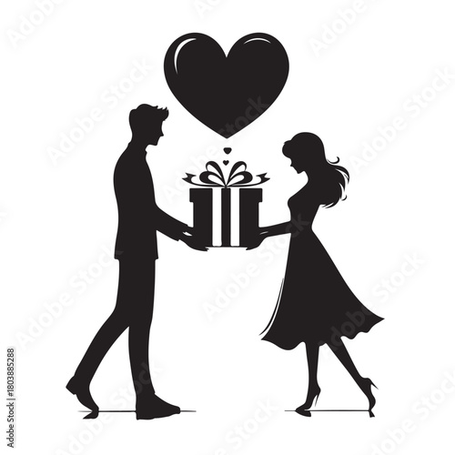 Couple exchanging a gift silhouette