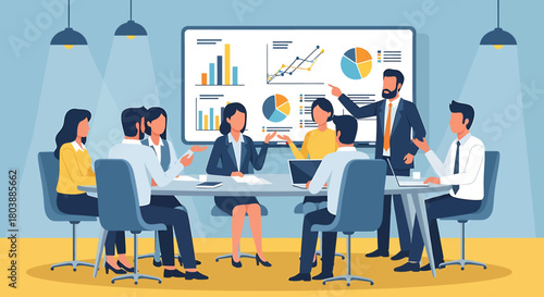 Business team in a collaborative meeting, analyzing financial data charts and graphs on a large screen for strategic planning