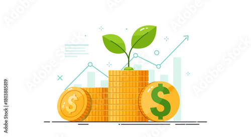 Illustration of a plant growing from a stack of gold coins, symbolizing financial growth, investment, and successful returns