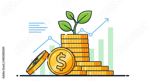 Financial growth and investment vector graphic. Plant on money coins with upward graph symbolizes wealth accumulation, prosperity, and smart savings