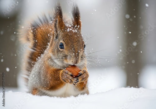 Closeup of squirrel eating nuts in snow