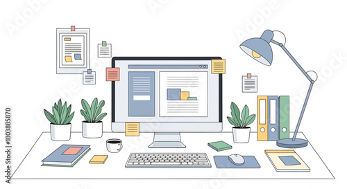 Clean and organized digital workspace featuring a minimalist computer, lamp, plants, and office supplies, ideal for efficient productivity and creative tasks