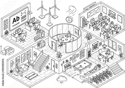 Intricate isometric architectural drawing of a complex city block with many buildings and details