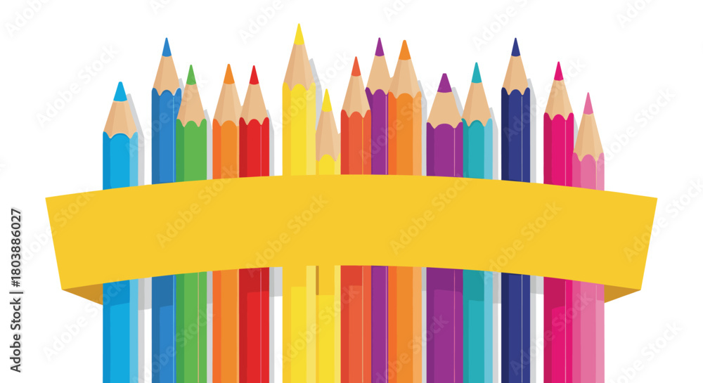 Fototapeta premium A vibrant collection of colored pencils arranged with a yellow ribbon banner, perfect for back to school, art projects, and creative design concepts.