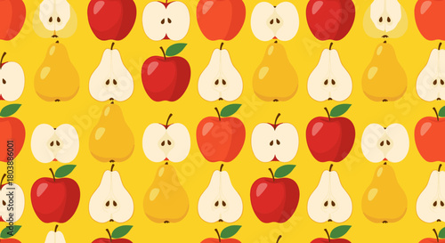 Seamless pattern featuring colorful apples and pears on a bright yellow background, perfect for kitchen textiles, stationery, and cheerful design projects.