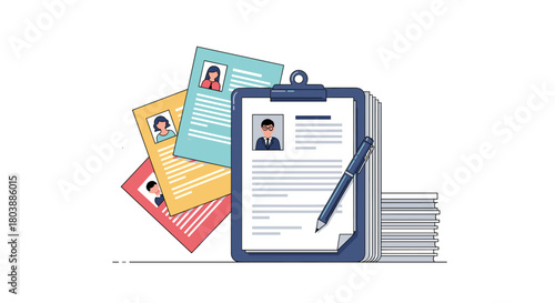 A collection of resumes and a clipboard with a pen suggest the hiring process, job applications, and candidate selection for employment opportunities.