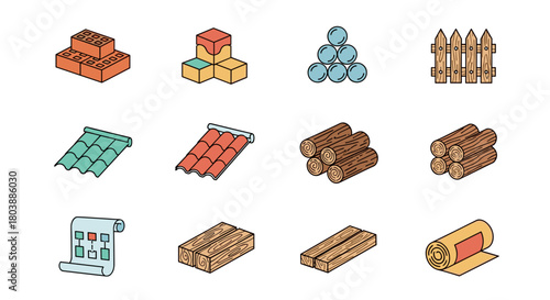 Colorful illustration of various construction materials including bricks, wood, roofing tiles, and fencing, representing building and home improvement supplies.