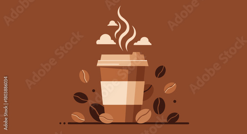 A steaming cup of coffee in a takeaway container is surrounded by coffee beans on a warm brown background, creating a cozy and inviting scene.