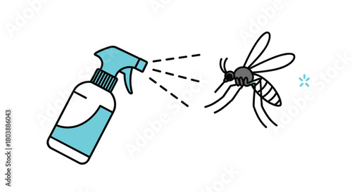 Illustration depicting a spray bottle emitting liquid towards a mosquito, suggesting pest control or insect repellent application for protection against bites.