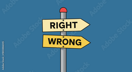 A colorful illustration depicts a signpost with two directional arrows, one pointing to 'right' and the other to 'wrong', symbolizing moral choices and decision making.