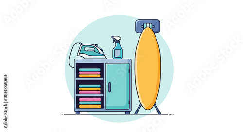 A colorful illustration depicts a neatly organized ironing station with a cabinet full of folded clothes, an iron, spray bottle, and an ironing board.