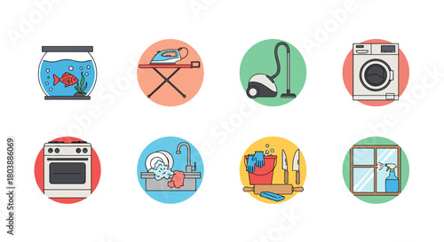 Colorful icons depicting common household chores and appliances, including cleaning, laundry, cooking, and home maintenance tasks, in a flat design style.