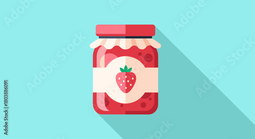A colorful, flat-style illustration of a glass jar filled with bright red strawberry jam, featuring a label with a strawberry graphic and a long shadow.