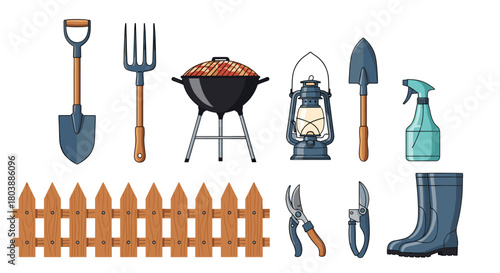 Colorful illustration of gardening tools and outdoor equipment arranged on a white background, perfect for spring or summer themes.