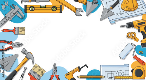 A colorful arrangement of various construction and repair tools encircles a blank space, ideal for adding text or design elements, representing building trades.