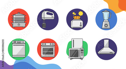 A colorful collection of modern kitchen appliances arranged in a circular pattern, showcasing essential cooking tools for home chefs and culinary enthusiasts.