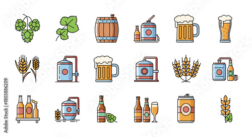 Colorful line art icons representing the beer brewing process, ingredients, and various beer containers and serving methods, perfect for craft beer themes.