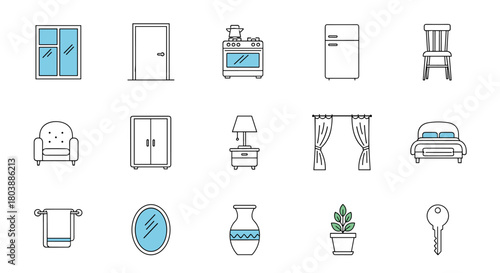 A collection of simple line-art icons depicting common household objects and furniture, including windows, doors, appliances, and decor items, in a minimalist style.