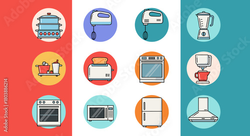 Colorful illustration of various kitchen appliances arranged in a grid pattern, including a stove, oven, blender, and refrigerator, against a striped background.