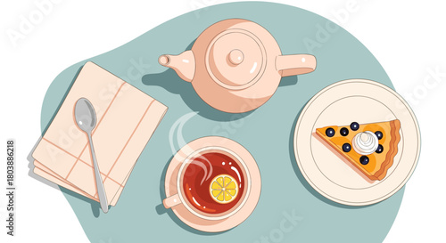 A cozy flat lay featuring a teapot, a cup of tea with lemon, a slice of blueberry pie, and a spoon on a napkin, evoking a relaxing afternoon moment.