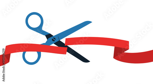 A pair of blue scissors cutting a bright red ribbon in a celebratory gesture, symbolizing a grand opening or achievement.