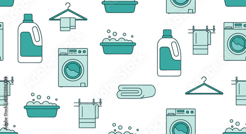 Seamless pattern featuring laundry related icons such as washing machines, detergent bottles, clothes hangers, wash basins, and folded towels, in a teal color scheme.