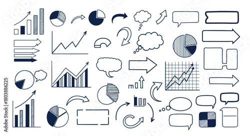 Collection of hand-drawn business and data visualization elements including charts, graphs, arrows, speech bubbles, and thought clouds, perfect for infographics.