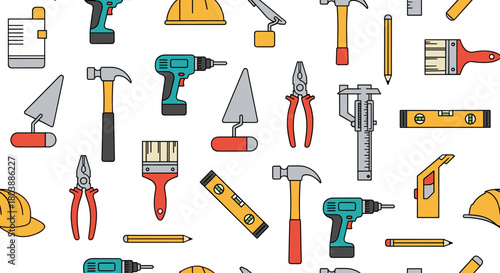 Colorful pattern of construction tools and equipment including hammers, drills, trowels, levels, safety helmets, and paintbrushes, ideal for backgrounds or design elements.