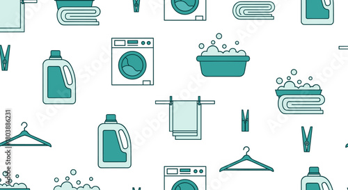A seamless pattern featuring various laundry related icons in a teal color scheme, including washing machines, clotheslines, detergent bottles, and folded towels.