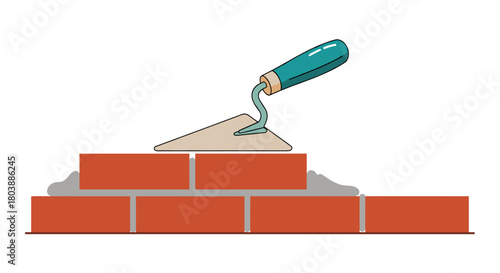 A mason's trowel applies mortar to red bricks during construction, illustrating building and craftsmanship techniques in a detailed illustration.
